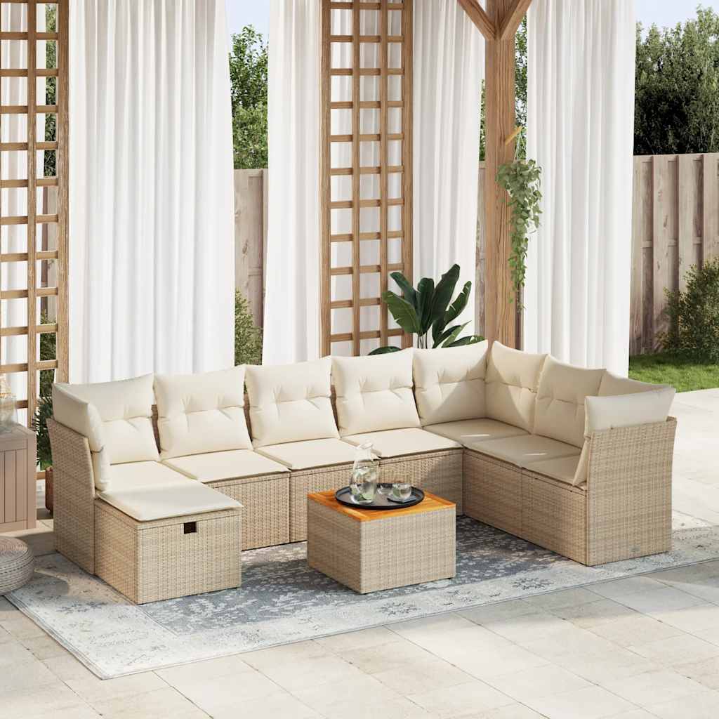 Set Divano da Giardino 9 pz con Cuscini Beige in Polyrattan