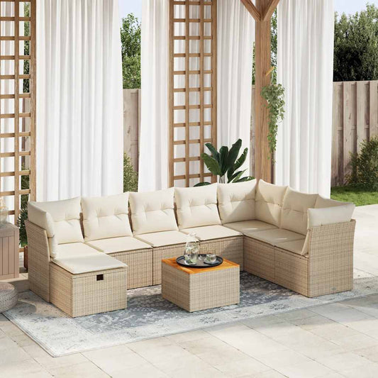 Set Divano da Giardino 9 pz con Cuscini Beige in Polyrattan