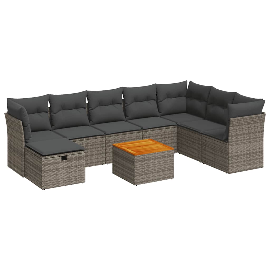 Set Divano da Giardino 9 pz con Cuscini Grigio in Polyrattan