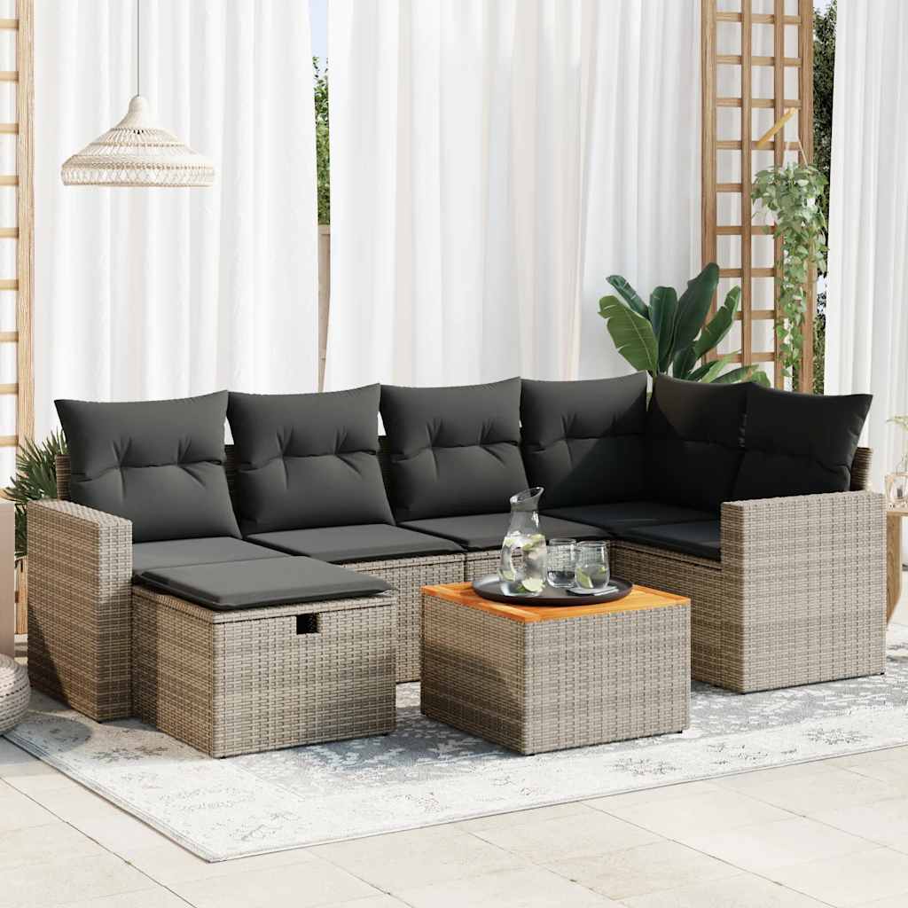 Set Divani da Giardino 7 pz con Cuscini Grigio in Polyrattan