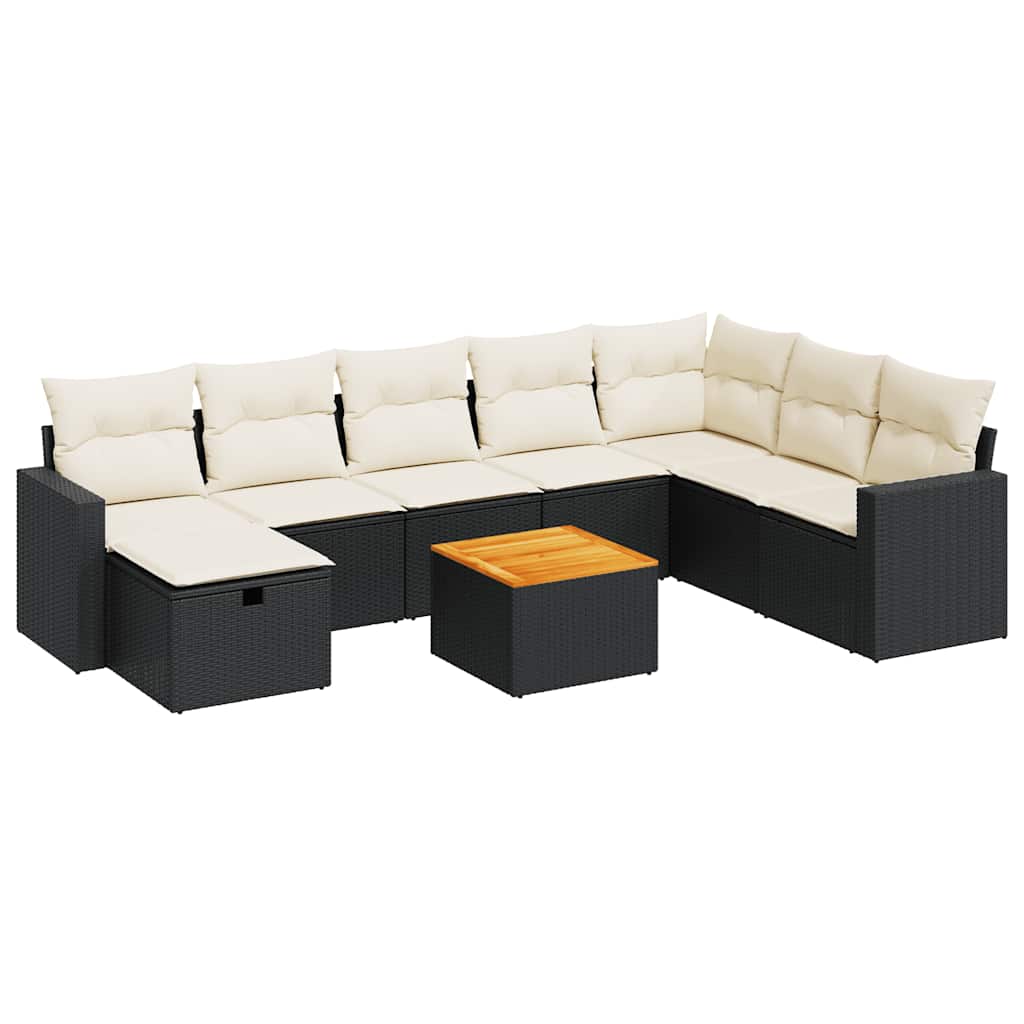 Set Divani da Giardino 9 pz con Cuscini Nero in Polyrattan