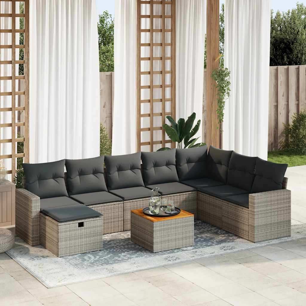 Set Divano da Giardino 9 pz con Cuscini Grigio in Polyrattan