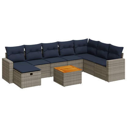 Set Divano da Giardino 9 pz con Cuscini Grigio in Polyrattan