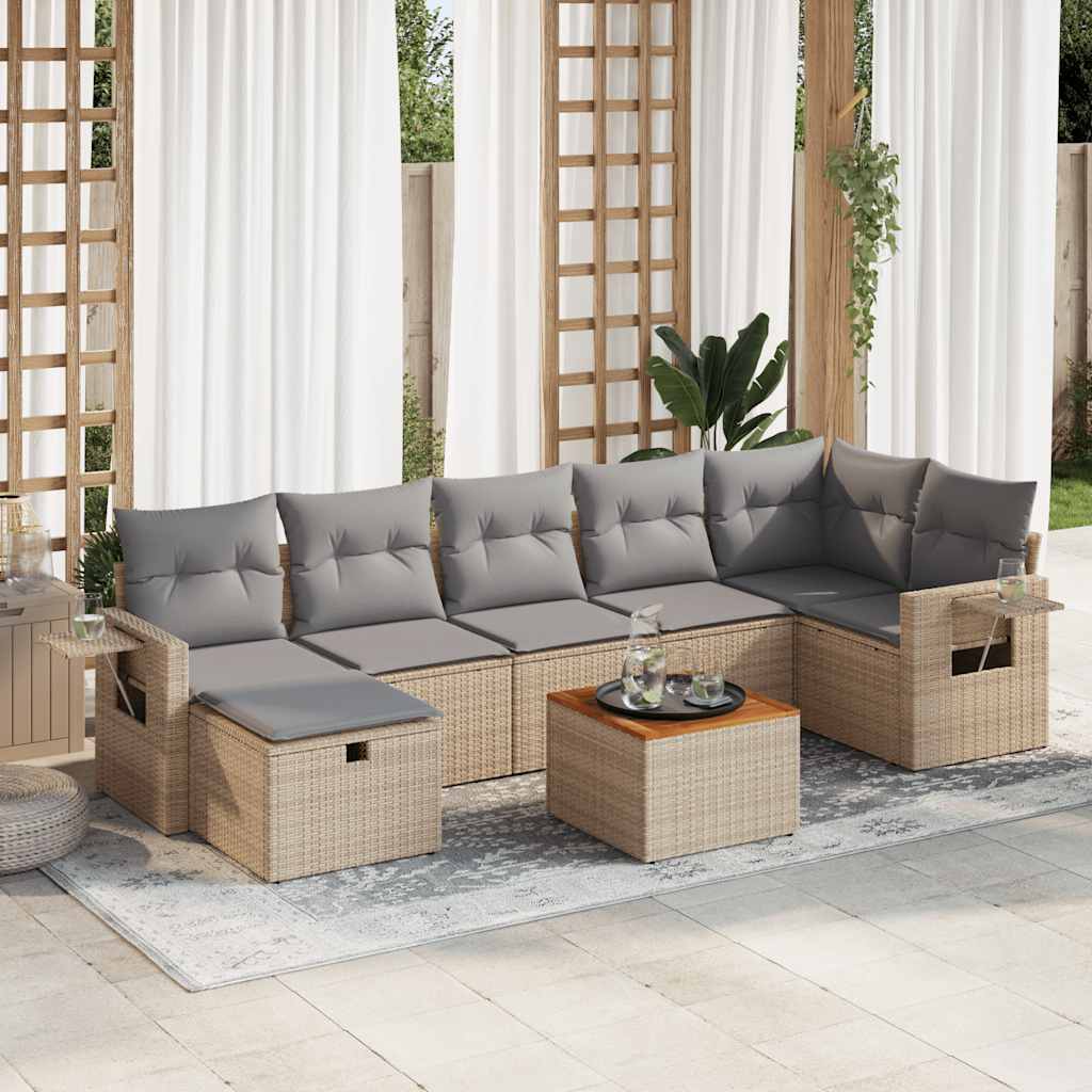 Set Divano da Giardino 8 pz con Cuscini Beige in Polyrattan