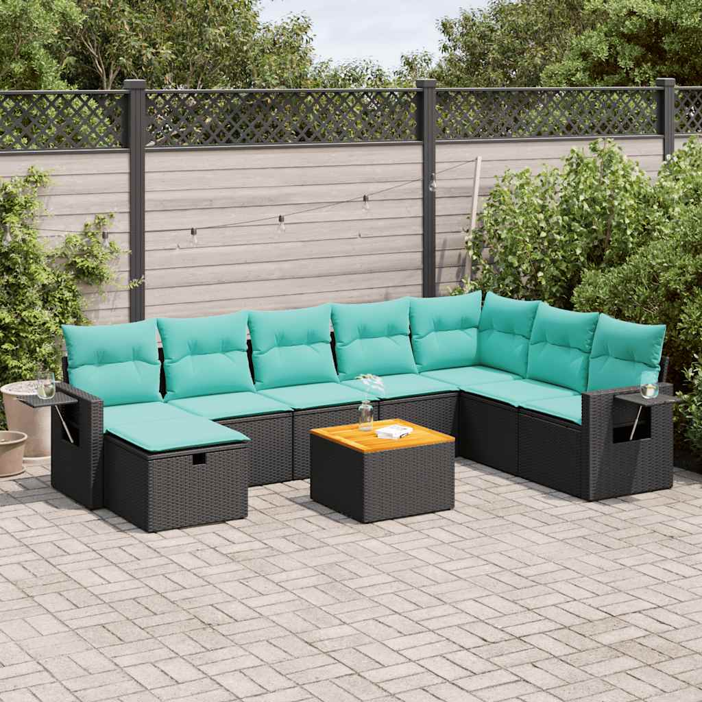 Set Divani da Giardino 9 pz con Cuscini Nero in Polyrattan | homemem39