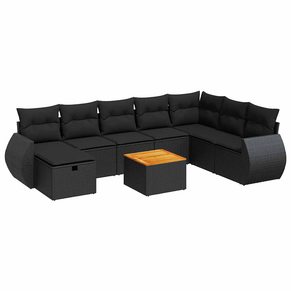 Set Divani da Giardino 9 pz con Cuscini Nero in Polyrattan