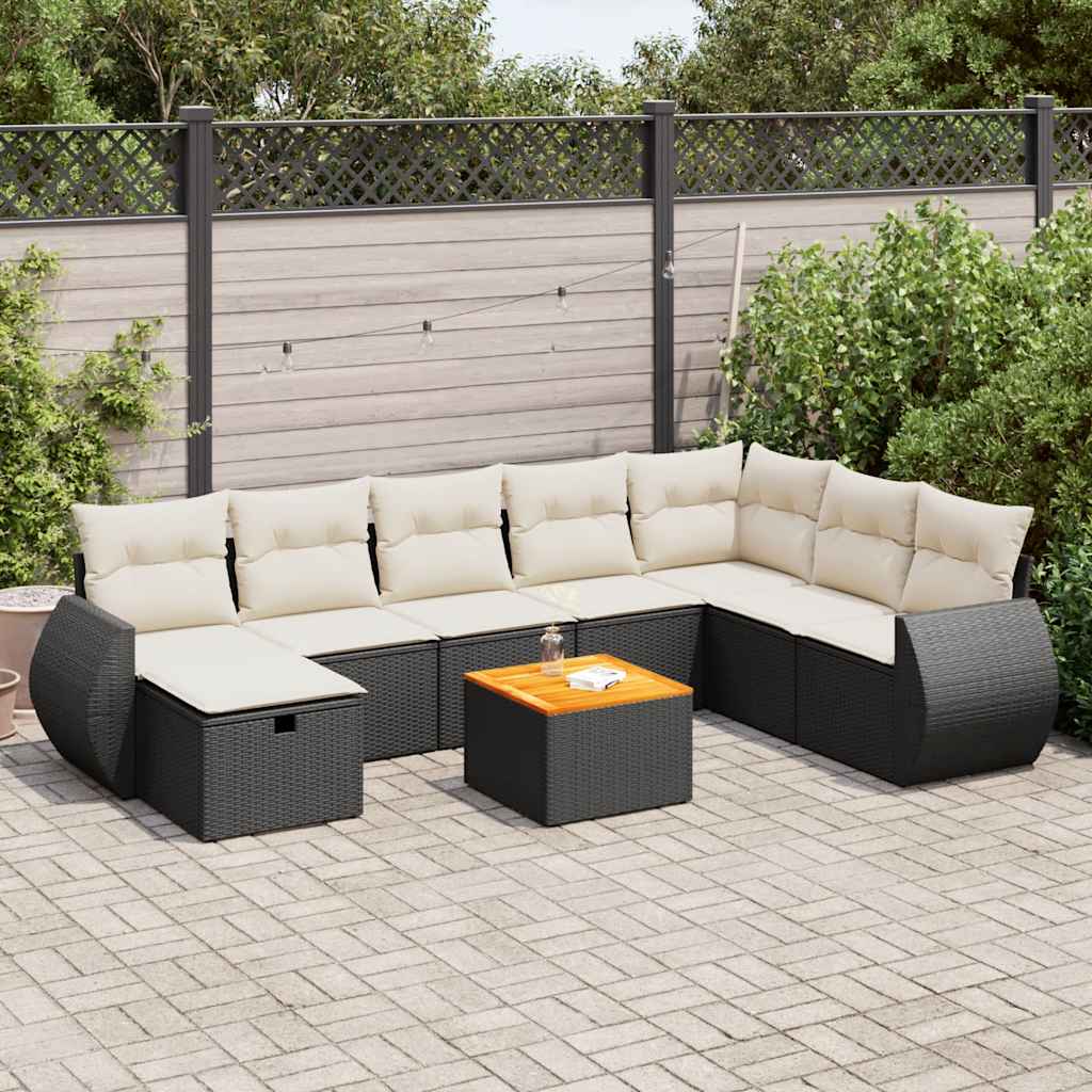 Set Divani da Giardino 9 pz con Cuscini Nero in Polyrattan - homemem39