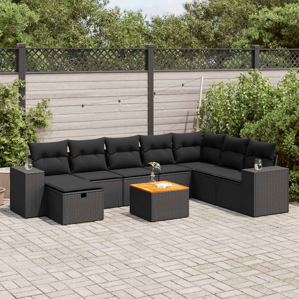 Set Divani da Giardino 9 pz con Cuscini Nero in Polyrattan | homemem39