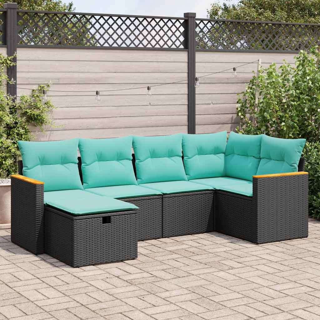 Set Divano da Giardino 6 pz con Cuscini Nero in Polyrattan