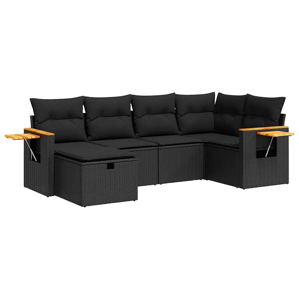 Set Divano da Giardino 6 pz con Cuscini Nero in Polyrattan