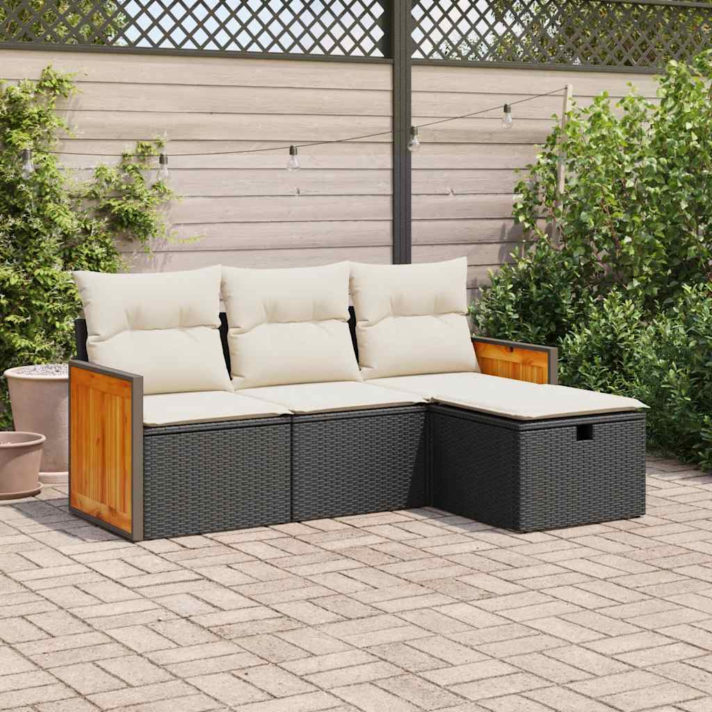 Set Divani da Giardino 4 pz con Cuscini Nero in Polyrattan