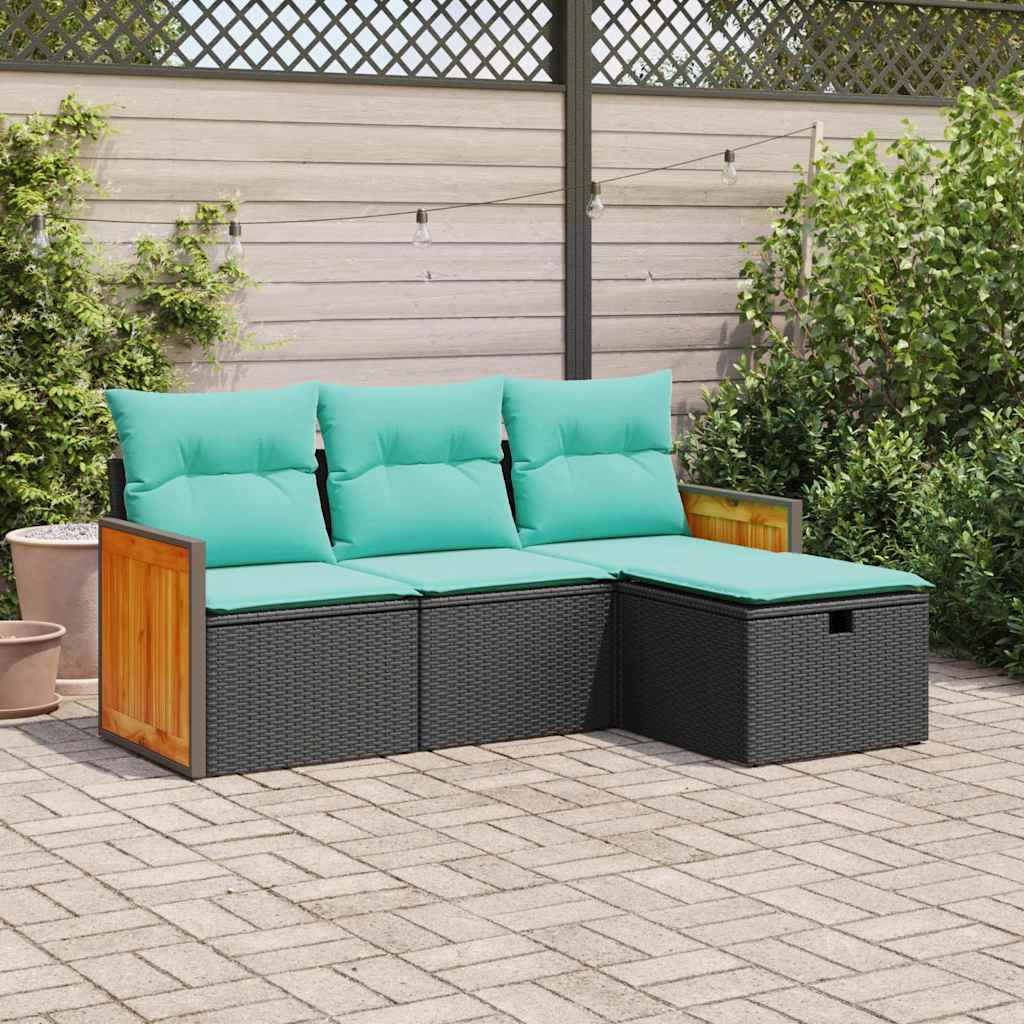 Set Divani da Giardino 4 pz con Cuscini Nero in Polyrattan | homemem39