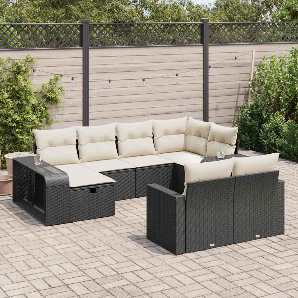Set Divani da Giardino 10pz con Cuscini in Polyrattan Nero