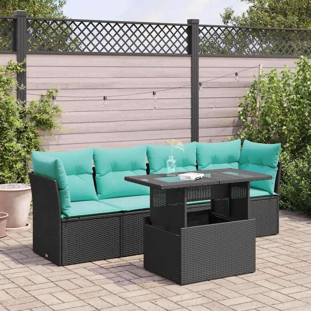 Set Divani da Giardino 5 pz con Cuscini Nero Polyrattan Acacia | homemem39