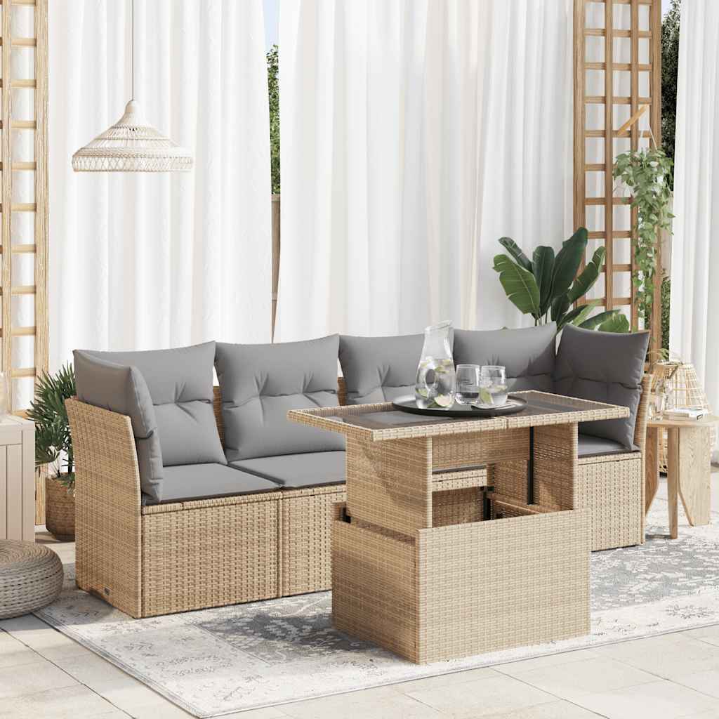 Set Divano da Giardino 5 pz con Cuscini Beige in Polyrattan - homemem39