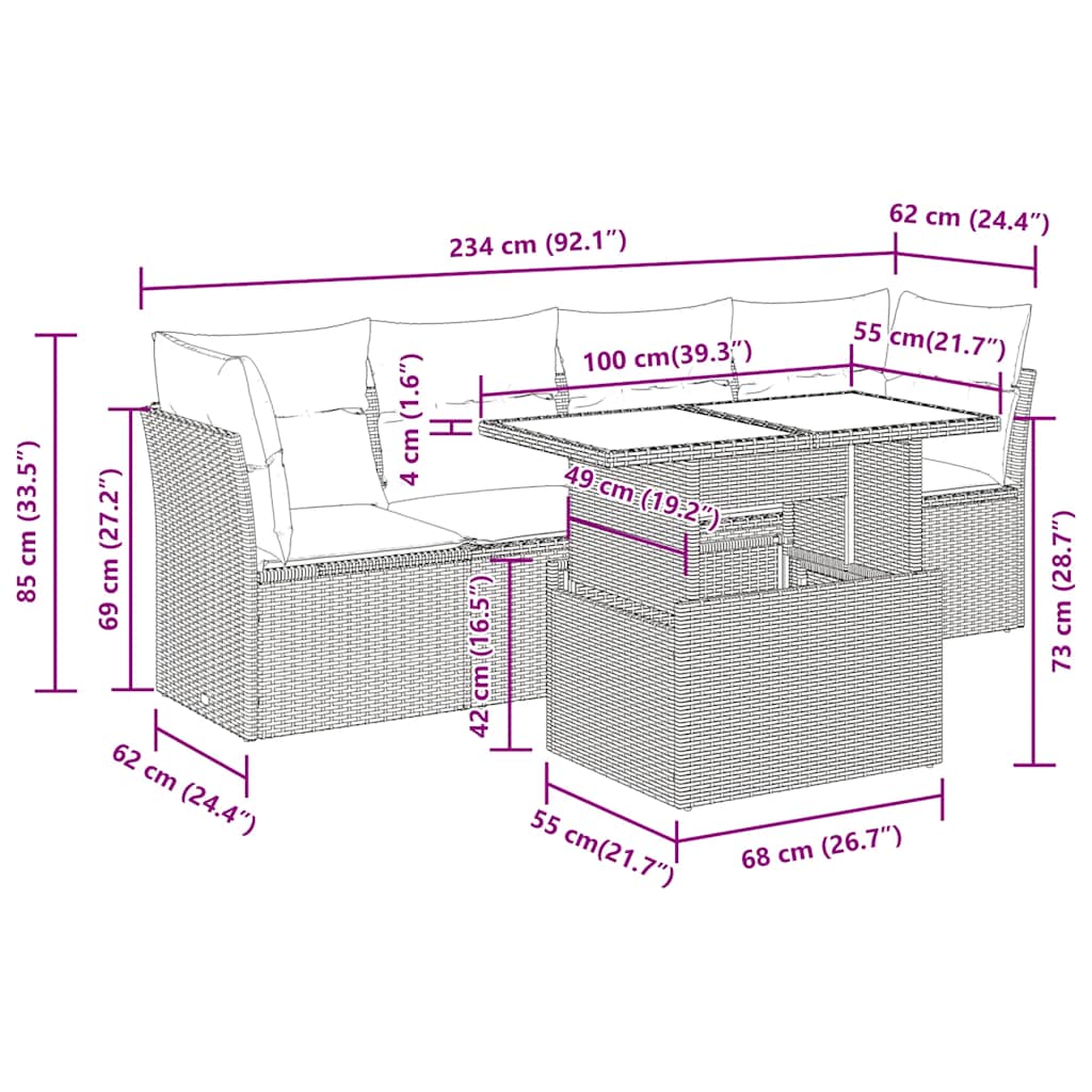 Set Divano Giardino 5 pz con Cuscini Grigio Polyrattan Acacia | homemem39