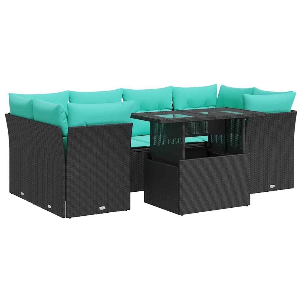 Set Divani da Giardino con Cuscini 7pz Nero Polyrattan Acacia | homemem39