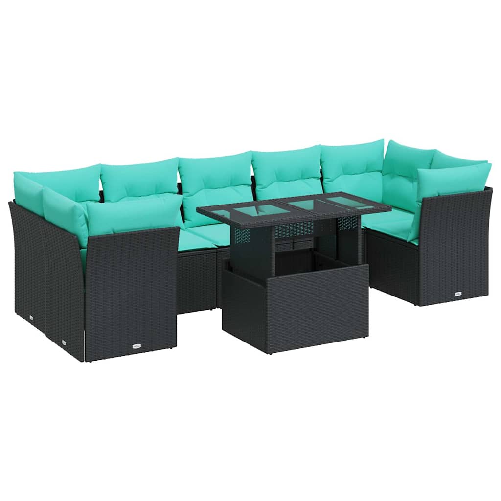 Set Divani da Giardino con Cuscini 8 pz Nero Polyrattan Acacia | homemem39