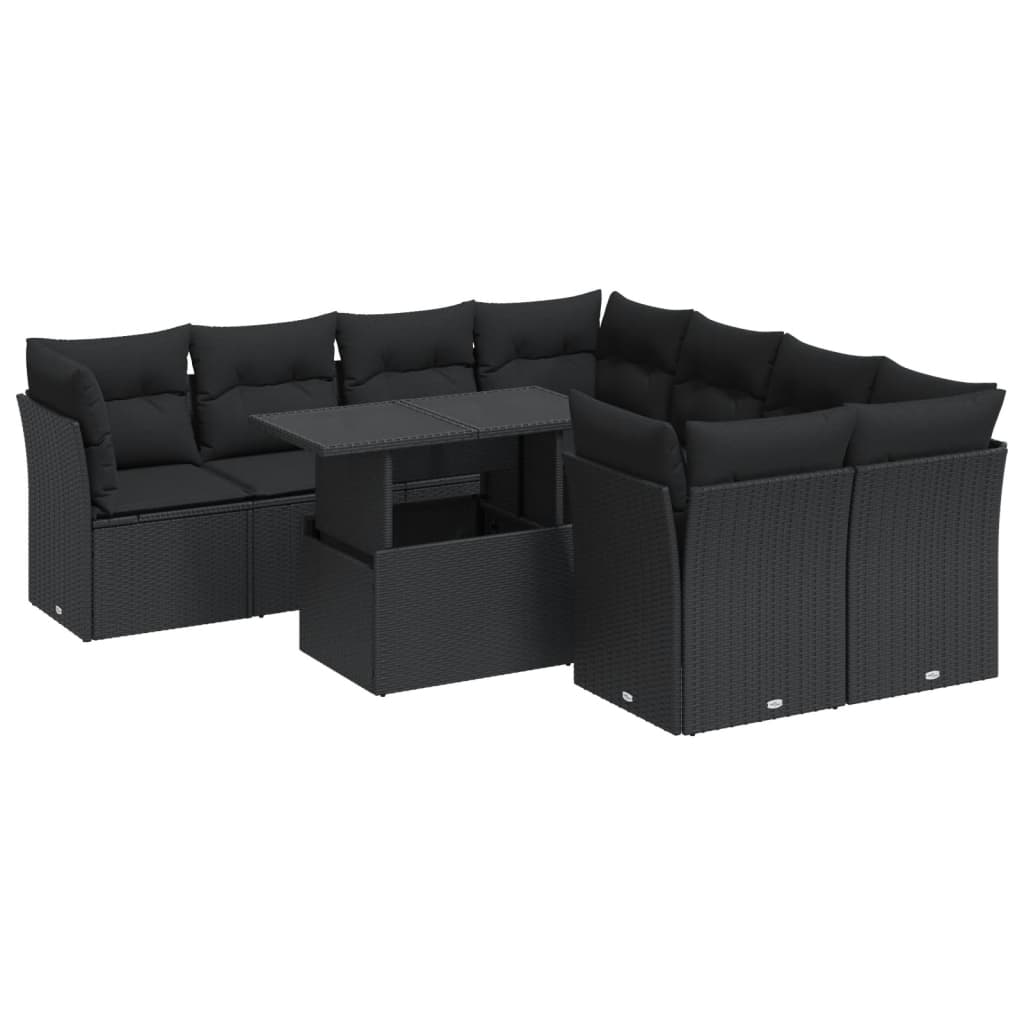 Set Divani da Giardino 9 pz con Cuscini Nero in Polyrattan - homemem39