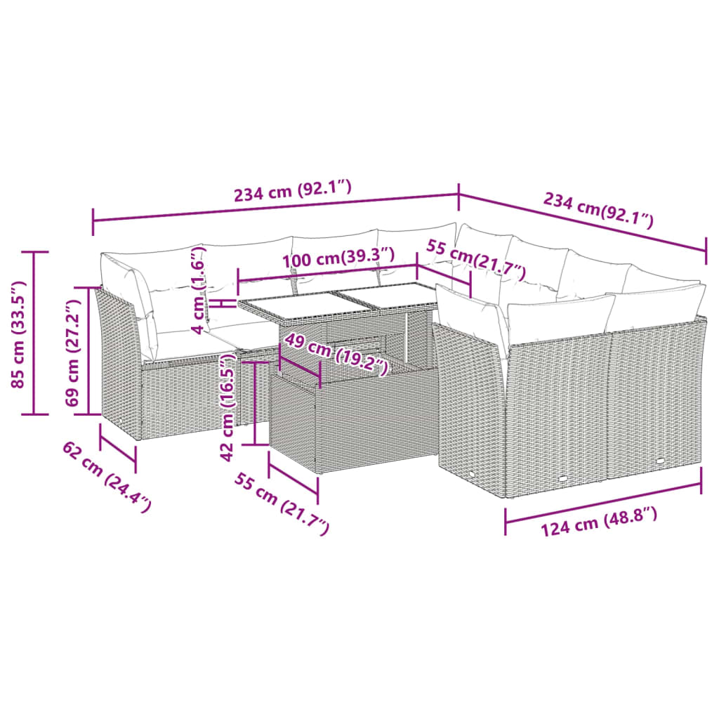 Set Divani da Giardino 9 pz con Cuscini Nero in Polyrattan | homemem39