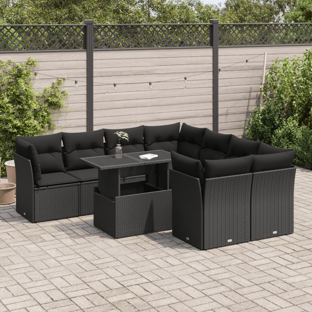 Set Divani da Giardino 9 pz con Cuscini Nero in Polyrattan - homemem39