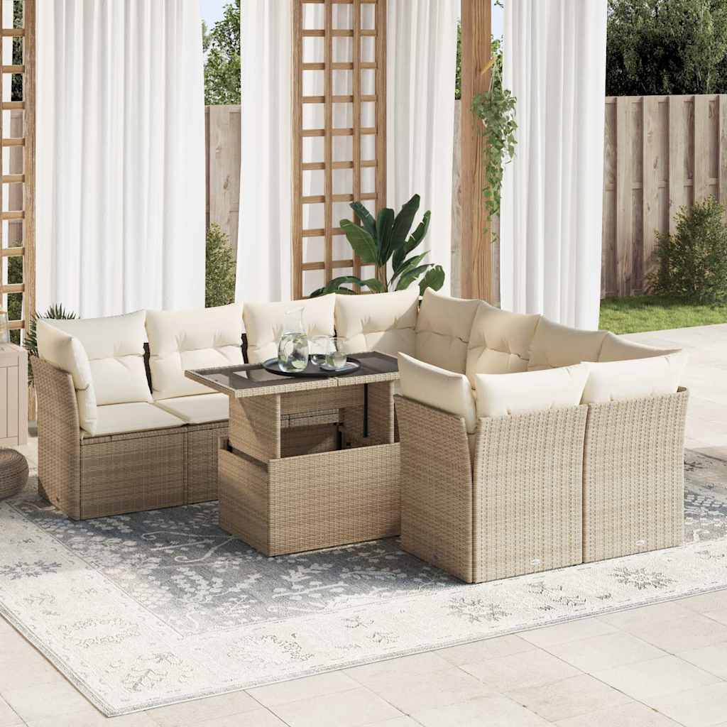 Set Divano da Giardino 9 pz con Cuscini Beige in Polyrattan | homemem39