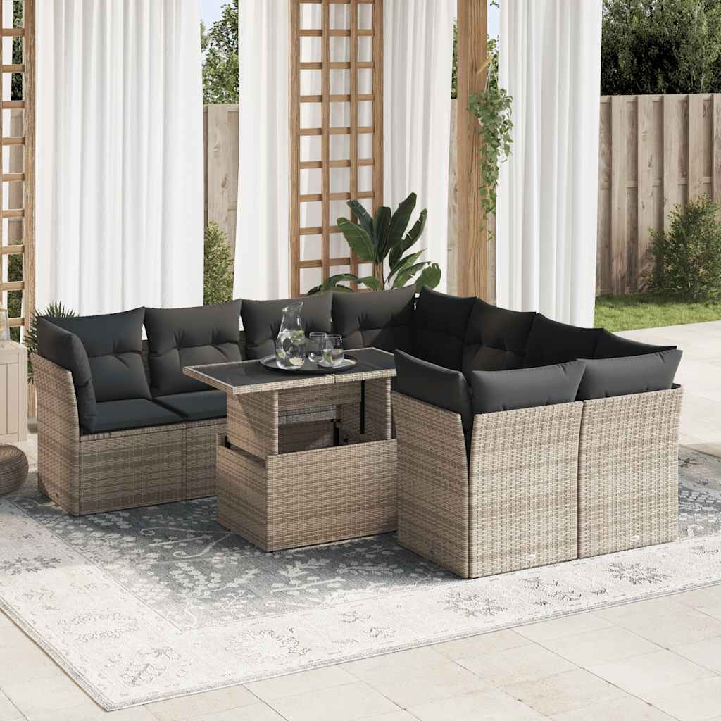 Set Divano da Giardino 9 pz con Cuscini Grigio in Polyrattan | homemem39