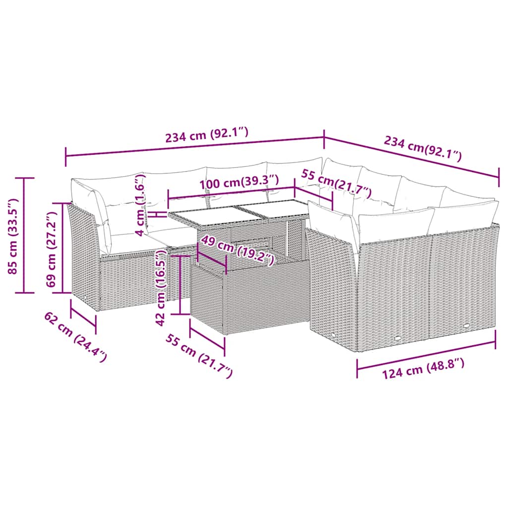Set Divano da Giardino 9pz con Cuscini Grigio Polyrattan Acacia | homemem39