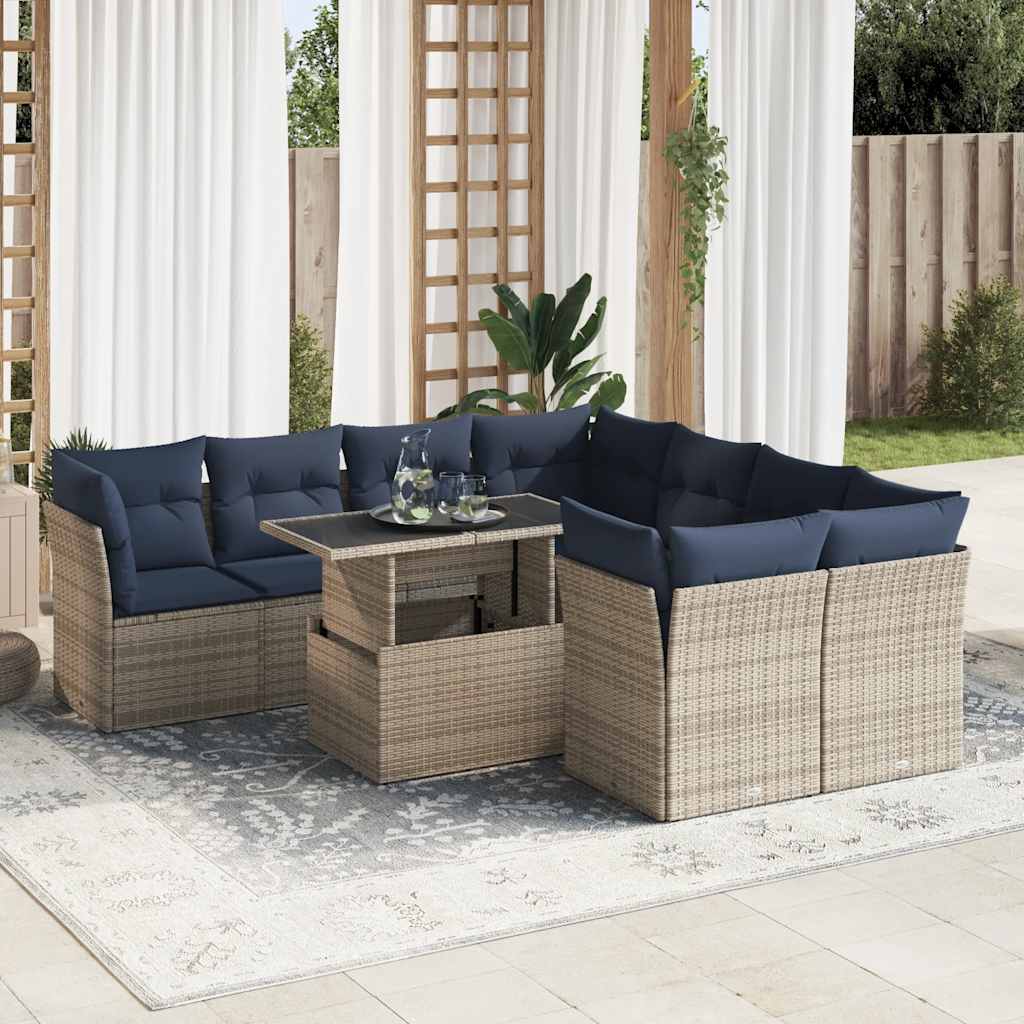 Set Divano da Giardino 9pz con Cuscini Grigio Polyrattan Acacia | homemem39
