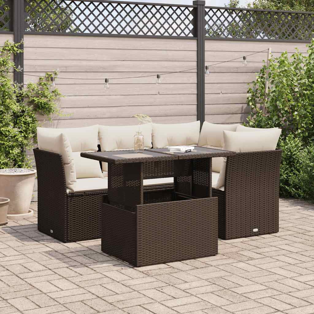 Set Divano da Giardino 5 pz con Cuscini Marrone in Polyrattan - homemem39