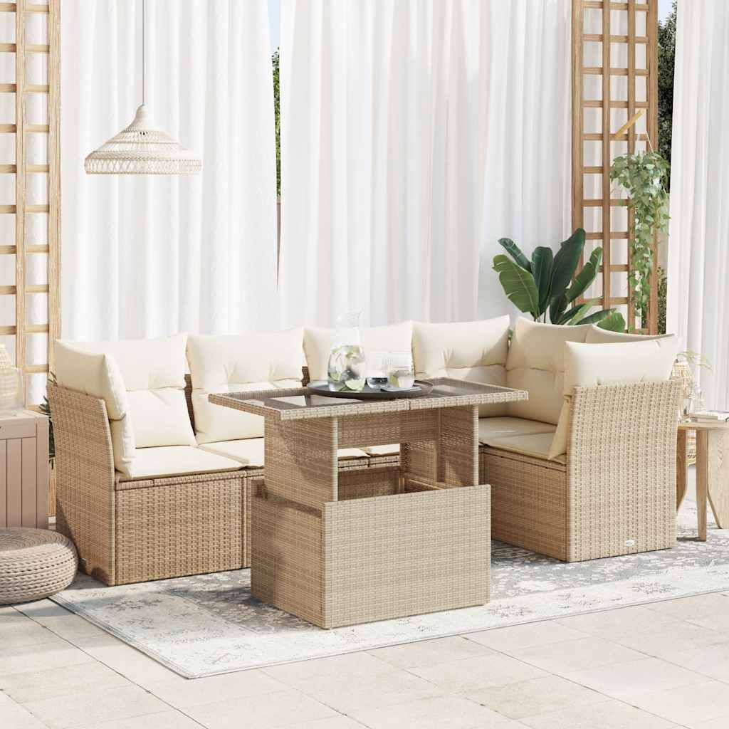 Set Divano da Giardino 6 pz con Cuscini Beige in Polyrattan
