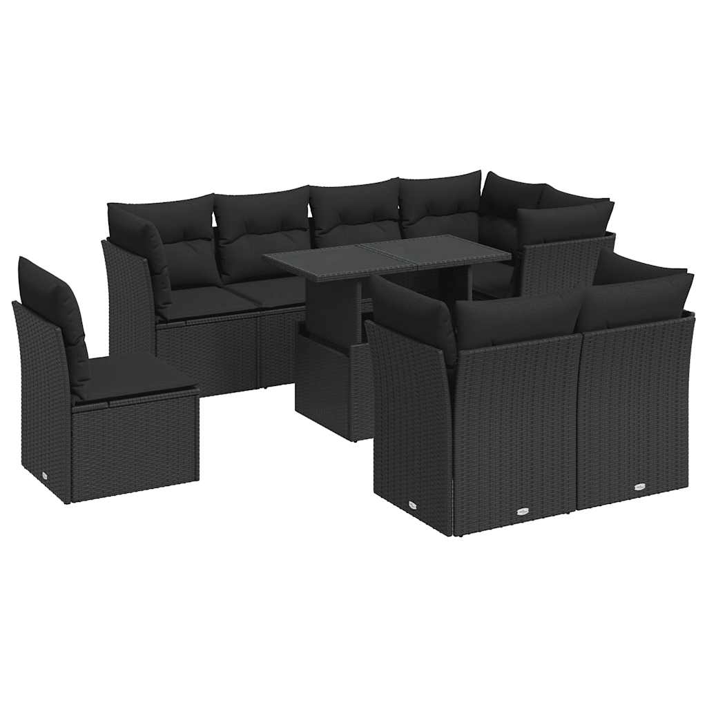 Set Divani da Giardino 9 pz con Cuscini Nero in Polyrattan | homemem39
