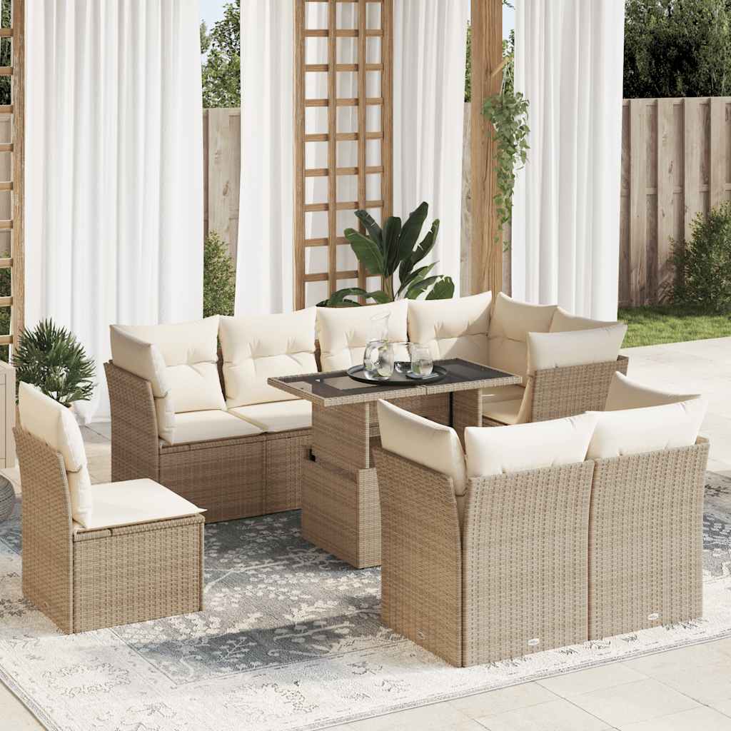 Set Divano da Giardino 9 pz con Cuscini Beige in Polyrattan | homemem39