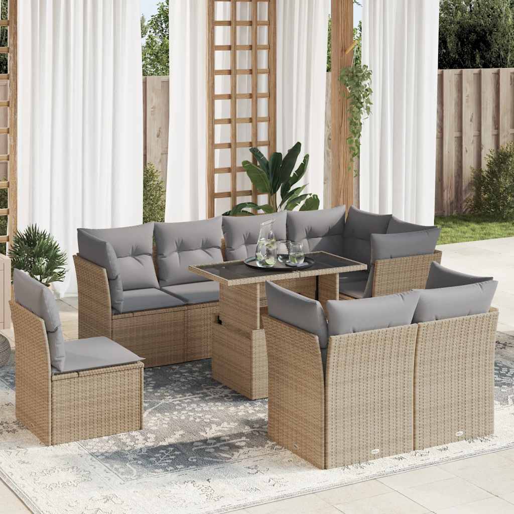Set Divano da Giardino 9 pz con Cuscini Beige in Polyrattan | homemem39