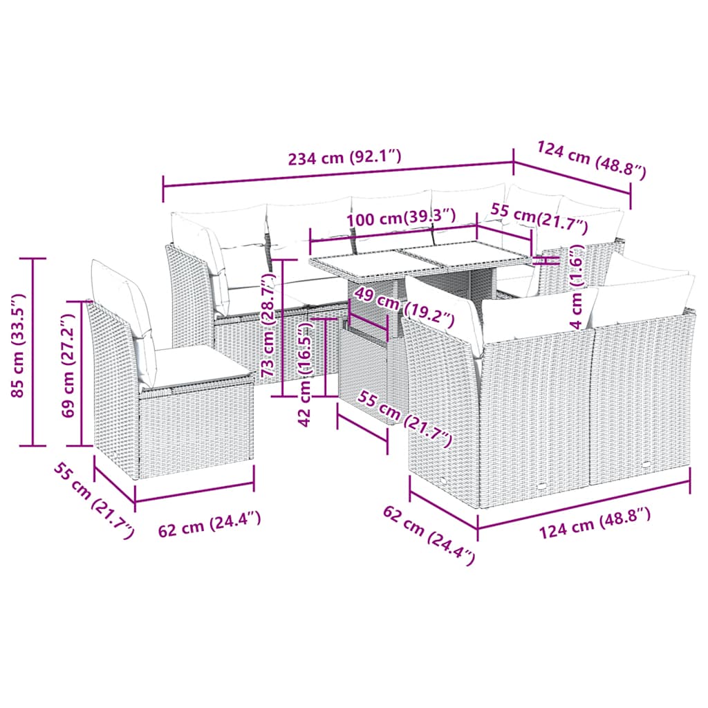 Set Divano da Giardino 9pz con Cuscini Grigio Polyrattan Acacia | homemem39