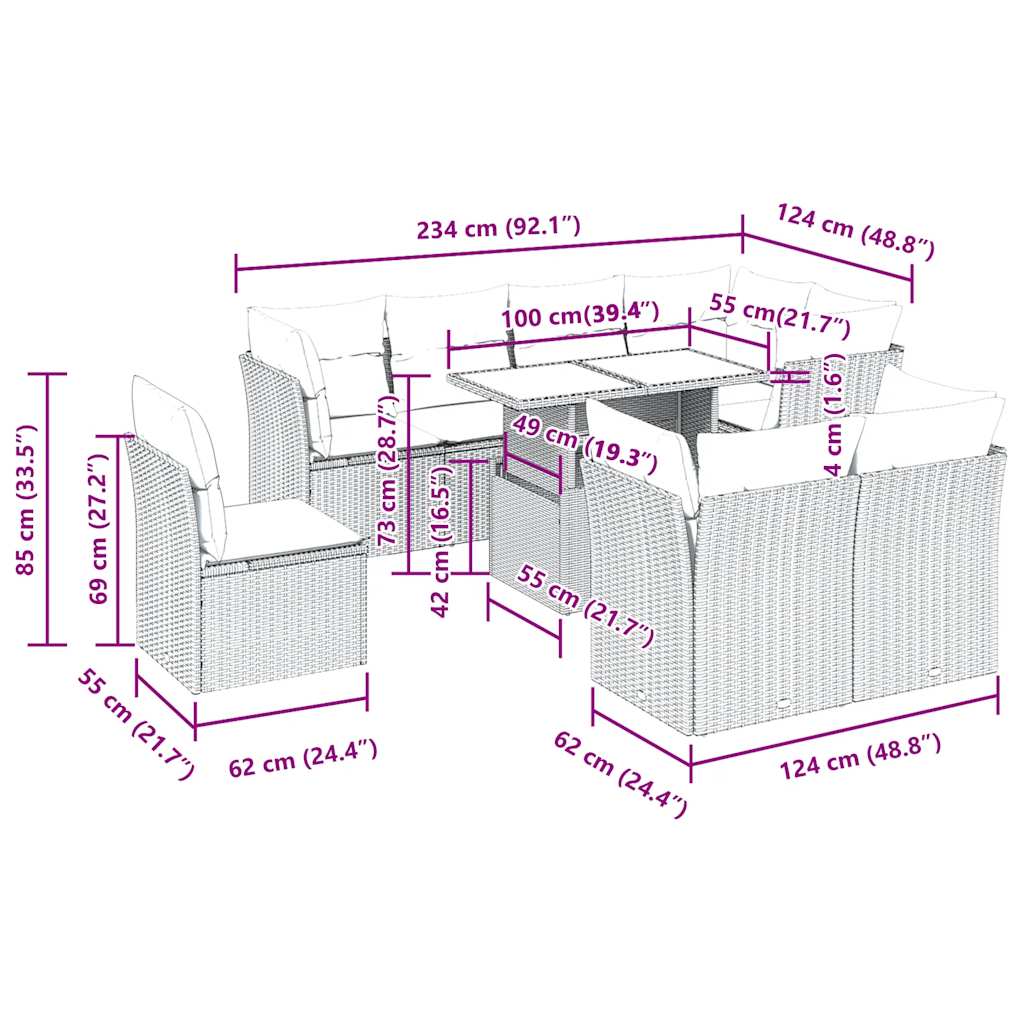 Set Divani da Giardino 9pz con Cuscini Marrone in Polyrattan | homemem39