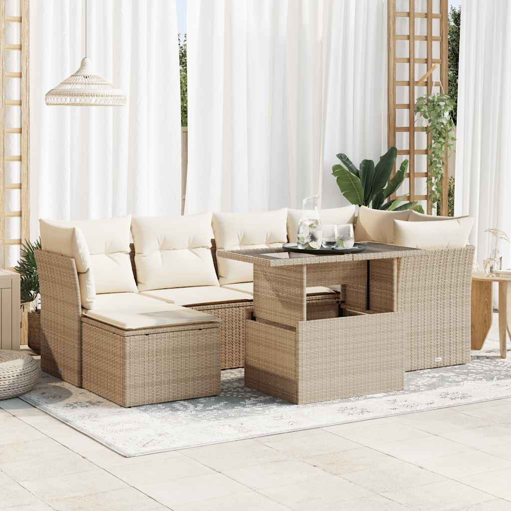 Set Divani da Giardino 7 pz con Cuscini Beige in Polyrattan