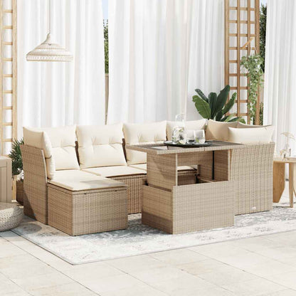 Set Divani da Giardino 7 pz con Cuscini Beige in Polyrattan