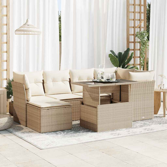 Set Divani da Giardino 7 pz con Cuscini Beige in Polyrattan