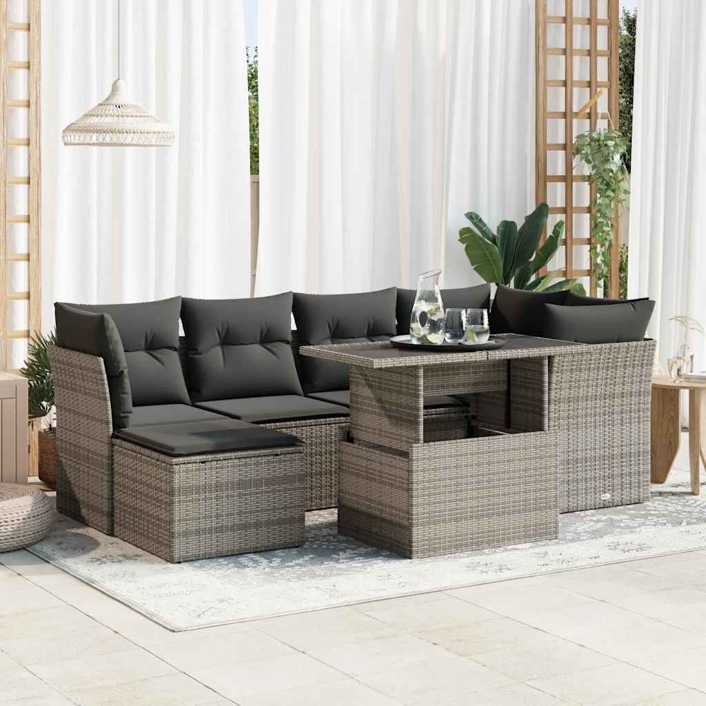 Set Divani da Giardino 7 pz con Cuscini Grigio in Polyrattan
