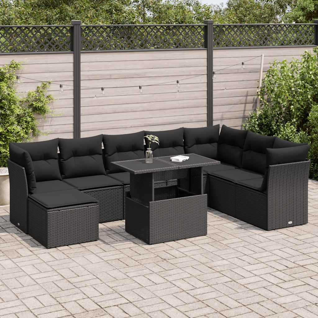 Set Divani da Giardino 9 pz con Cuscini Nero in Polyrattan