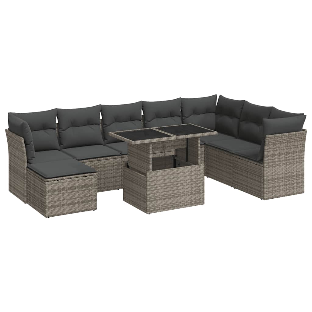 Set Divano da Giardino 9 pz con Cuscini Grigio in Polyrattan