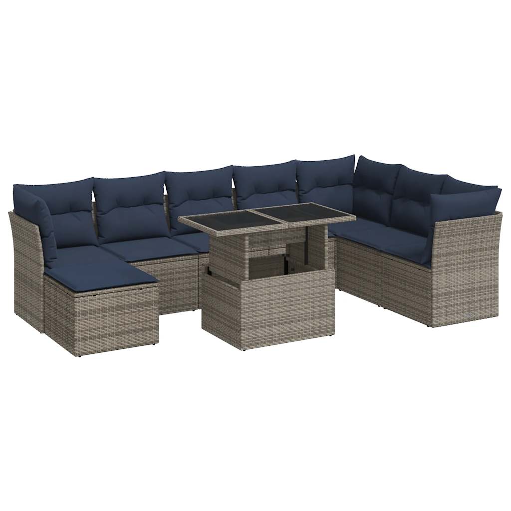 Set Divano da Giardino 9pz con Cuscini Grigio Polyrattan Acacia | homemem39