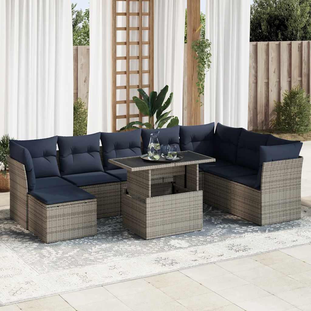 Set Divano da Giardino 9pz con Cuscini Grigio Polyrattan Acacia | homemem39