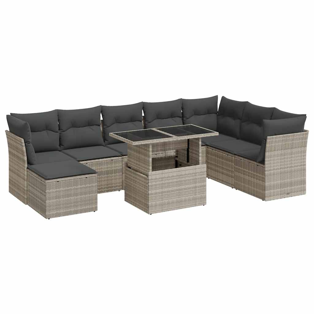 Set Divano da Giardino 9pz con Cuscini Grigio Chiaro Polyrattan