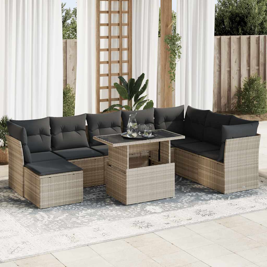 Set Divano da Giardino 9pz con Cuscini Grigio Chiaro Polyrattan | homemem39