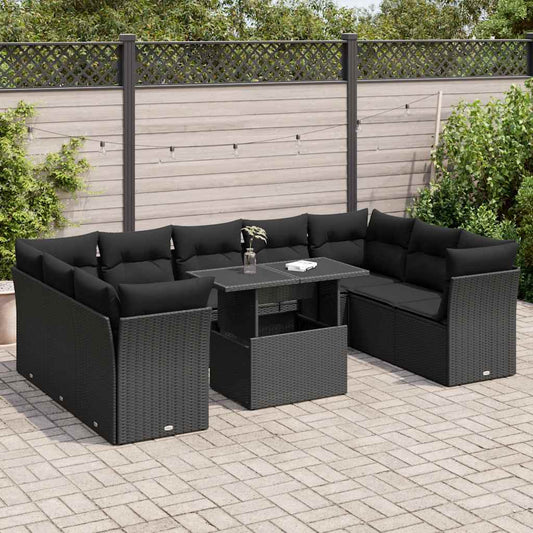 Set Divani da Giardino 10pz con Cuscini in Polyrattan Nero - homemem39