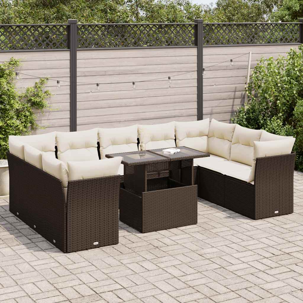 Set Divani da Giardino 10pz con Cuscini in Polyrattan Marrone | homemem39