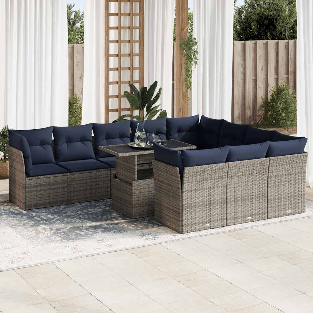 Set Divani Giardino 11 pz con Cuscini Polyrattan Acacia Grigio - homemem39