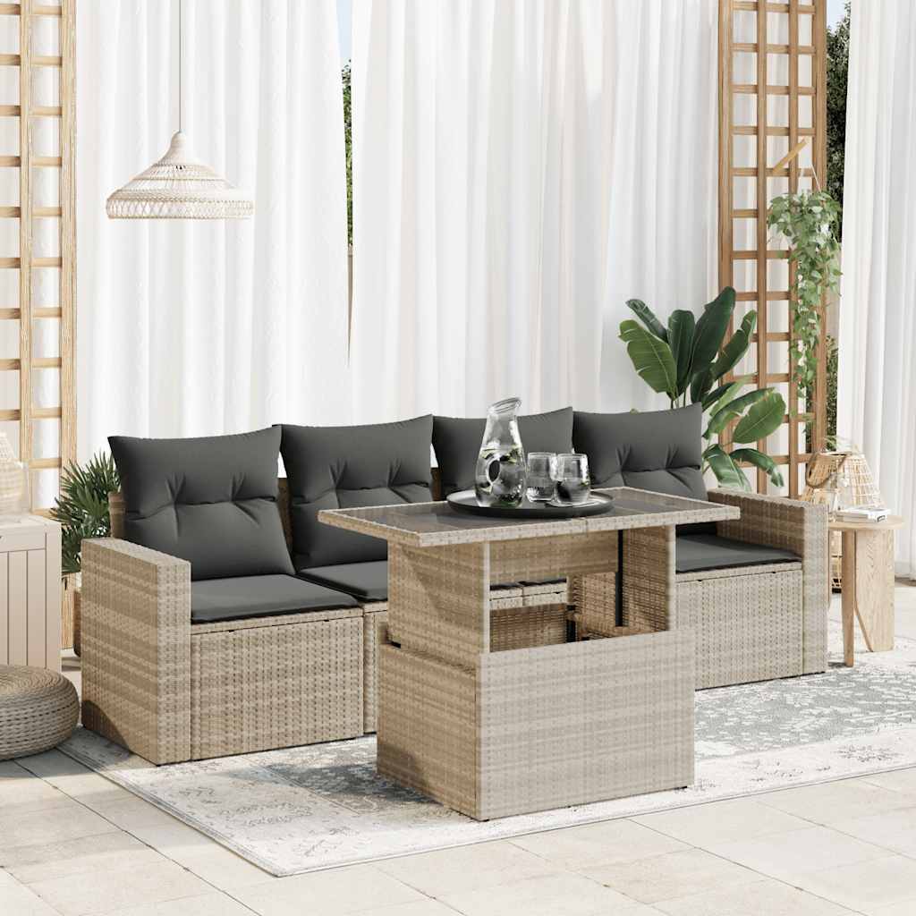 Set Divano da Giardino 5pz con Cuscini Grigio Chiaro Polyrattan | homemem39